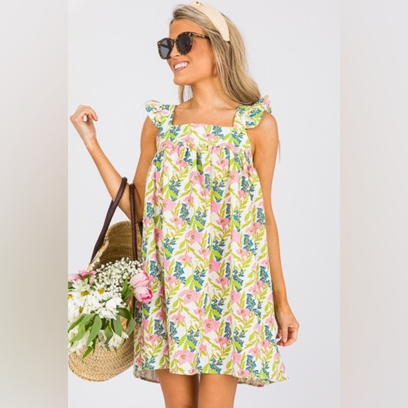 Linen floral block print babydoll mini dress ruffle pyjama square neck flutter - Picture 2 of 14